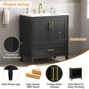 English Elm Video 30 Inch Fluted Bathroom Vanity with Ceramic Sink Soft Close Storage Gold Hardware Black N759P437582B