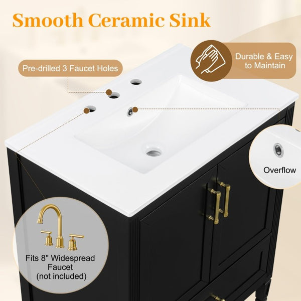 English Elm Video 30 Inch Fluted Bathroom Vanity with Ceramic Sink Soft Close Storage Gold Hardware Black N759P437582B