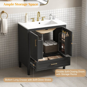 English Elm Video 30 Inch Fluted Bathroom Vanity with Ceramic Sink Soft Close Storage Gold Hardware Black N759P437582B