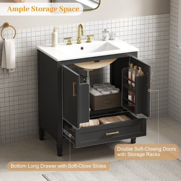 English Elm Video 30 Inch Fluted Bathroom Vanity with Ceramic Sink Soft Close Storage Gold Hardware Black N759P437582B