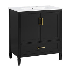 English Elm Video 30 Inch Fluted Bathroom Vanity with Ceramic Sink Soft Close Storage Gold Hardware Black N759P437582B