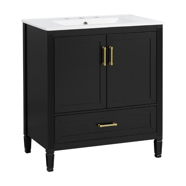 English Elm Video 30 Inch Fluted Bathroom Vanity with Ceramic Sink Soft Close Storage Gold Hardware Black N759P437582B
