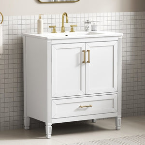English Elm Video 30 Inch Fluted Bathroom Vanity with Ceramic Sink Soft Close Storage Gold Hardware White N759P437582K