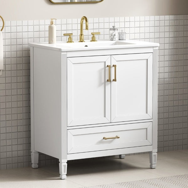 English Elm Video 30 Inch Fluted Bathroom Vanity with Ceramic Sink Soft Close Storage Gold Hardware White N759P437582K