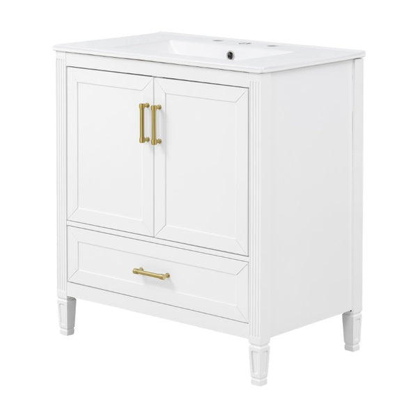 English Elm Video 30 Inch Fluted Bathroom Vanity with Ceramic Sink Soft Close Storage Gold Hardware White N759P437582K