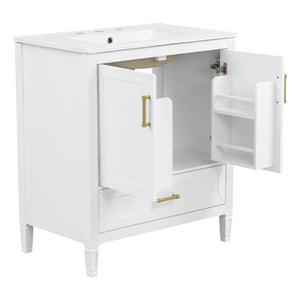 English Elm Video 30 Inch Fluted Bathroom Vanity with Ceramic Sink Soft Close Storage Gold Hardware White N759P437582K