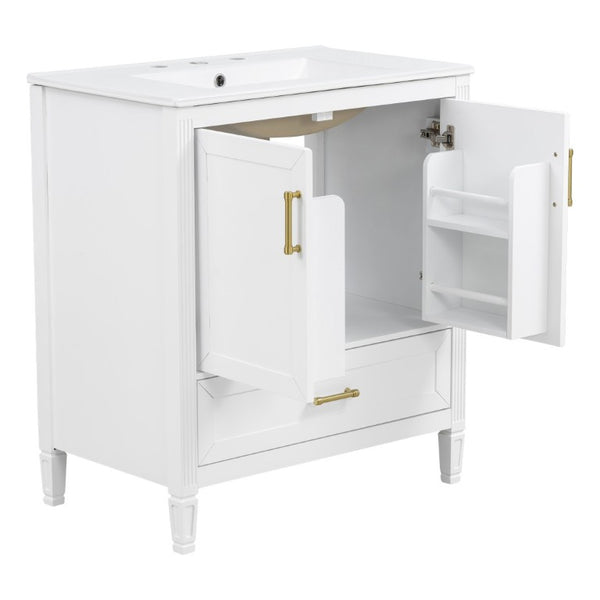 English Elm Video 30 Inch Fluted Bathroom Vanity with Ceramic Sink Soft Close Storage Gold Hardware White N759P437582K