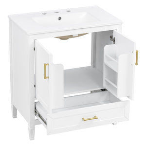 English Elm Video 30 Inch Fluted Bathroom Vanity with Ceramic Sink Soft Close Storage Gold Hardware White N759P437582K