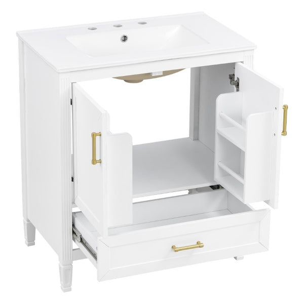 English Elm Video 30 Inch Fluted Bathroom Vanity with Ceramic Sink Soft Close Storage Gold Hardware White N759P437582K