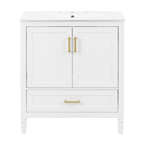 English Elm Video 30 Inch Fluted Bathroom Vanity with Ceramic Sink Soft Close Storage Gold Hardware White N759P437582K