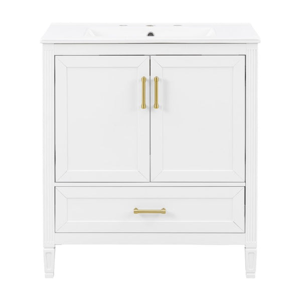 English Elm Video 30 Inch Fluted Bathroom Vanity with Ceramic Sink Soft Close Storage Gold Hardware White N759P437582K