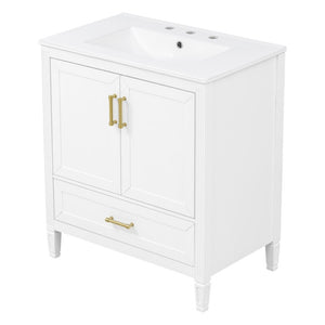 English Elm Video 30 Inch Fluted Bathroom Vanity with Ceramic Sink Soft Close Storage Gold Hardware White N759P437582K