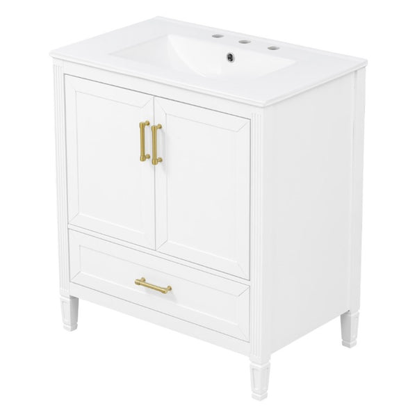 English Elm Video 30 Inch Fluted Bathroom Vanity with Ceramic Sink Soft Close Storage Gold Hardware White N759P437582K
