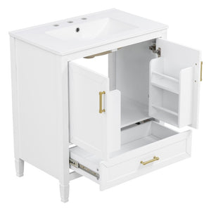 English Elm Video 30 Inch Fluted Bathroom Vanity with Ceramic Sink Soft Close Storage Gold Hardware White N759P437582K