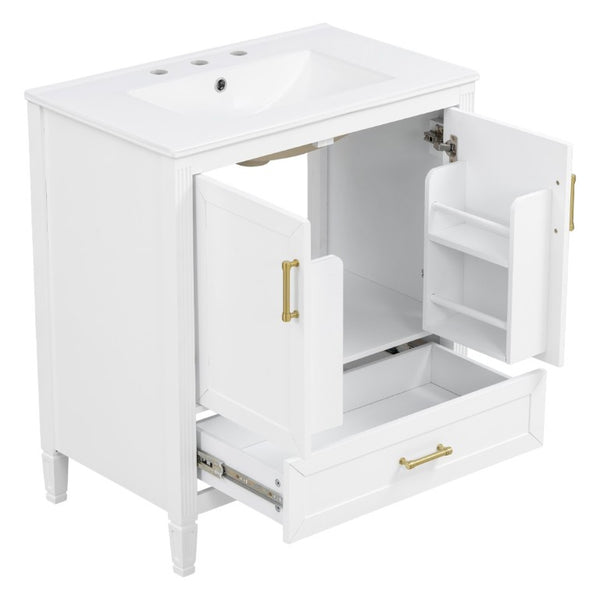 English Elm Video 30 Inch Fluted Bathroom Vanity with Ceramic Sink Soft Close Storage Gold Hardware White N759P437582K