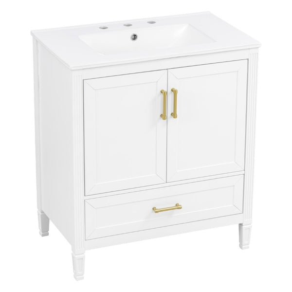 English Elm Video 30 Inch Fluted Bathroom Vanity with Ceramic Sink Soft Close Storage Gold Hardware White N759P437582K