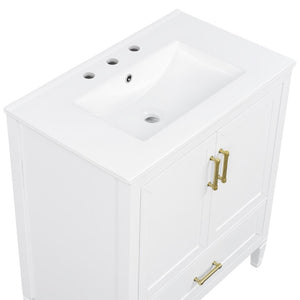 English Elm Video 30 Inch Fluted Bathroom Vanity with Ceramic Sink Soft Close Storage Gold Hardware White N759P437582K