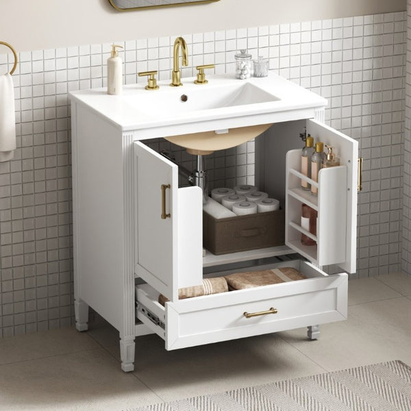 English Elm Video 30 Inch Fluted Bathroom Vanity with Ceramic Sink Soft Close Storage Gold Hardware White N759P437582K