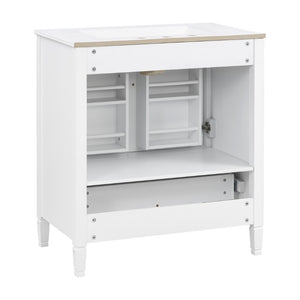 English Elm Video 30 Inch Fluted Bathroom Vanity with Ceramic Sink Soft Close Storage Gold Hardware White N759P437582K