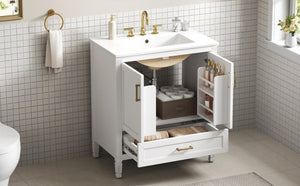 English Elm Video 30 Inch Fluted Bathroom Vanity with Ceramic Sink Soft Close Storage Gold Hardware White N759P437582K