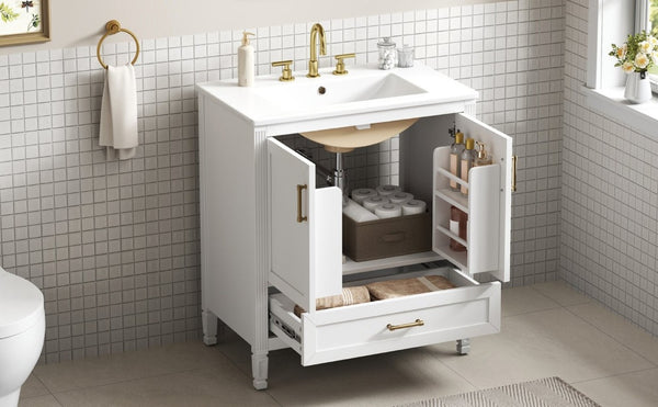 English Elm Video 30 Inch Fluted Bathroom Vanity with Ceramic Sink Soft Close Storage Gold Hardware White N759P437582K