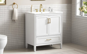English Elm Video 30 Inch Fluted Bathroom Vanity with Ceramic Sink Soft Close Storage Gold Hardware White N759P437582K