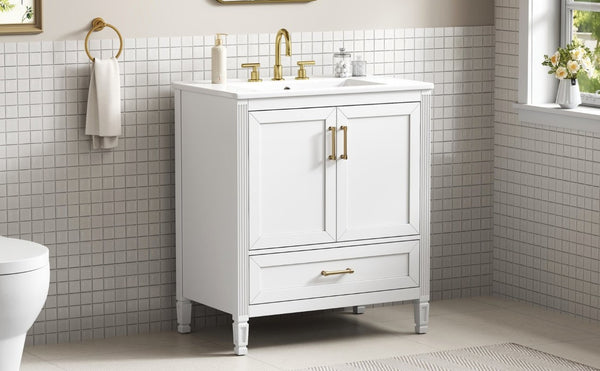 English Elm Video 30 Inch Fluted Bathroom Vanity with Ceramic Sink Soft Close Storage Gold Hardware White N759P437582K