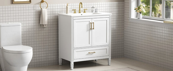English Elm Video 30 Inch Fluted Bathroom Vanity with Ceramic Sink Soft Close Storage Gold Hardware White N759P437582K