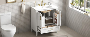 English Elm Video 30 Inch Fluted Bathroom Vanity with Ceramic Sink Soft Close Storage Gold Hardware White N759P437582K