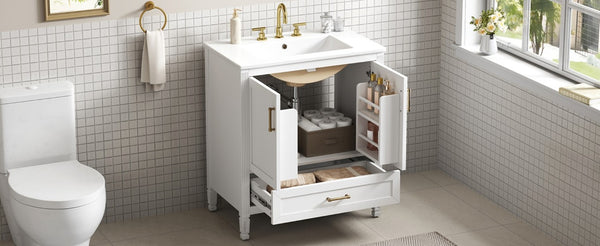 English Elm Video 30 Inch Fluted Bathroom Vanity with Ceramic Sink Soft Close Storage Gold Hardware White N759P437582K