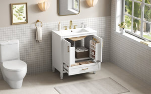 English Elm Video 30 Inch Fluted Bathroom Vanity with Ceramic Sink Soft Close Storage Gold Hardware White N759P437582K