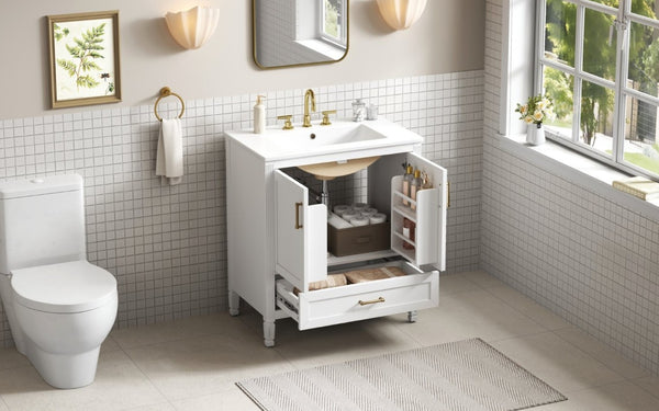 English Elm Video 30 Inch Fluted Bathroom Vanity with Ceramic Sink Soft Close Storage Gold Hardware White N759P437582K