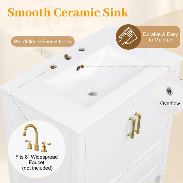 English Elm Video 30 Inch Fluted Bathroom Vanity with Ceramic Sink Soft Close Storage Gold Hardware White N759P437582K