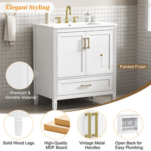 English Elm Video 30 Inch Fluted Bathroom Vanity with Ceramic Sink Soft Close Storage Gold Hardware White N759P437582K
