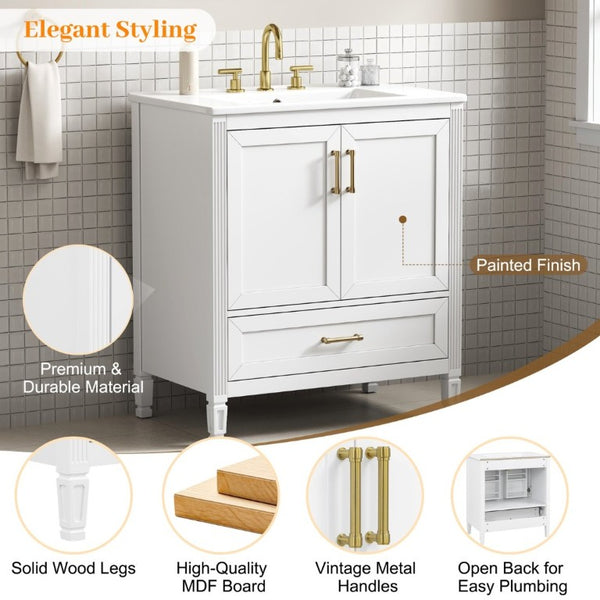 English Elm Video 30 Inch Fluted Bathroom Vanity with Ceramic Sink Soft Close Storage Gold Hardware White N759P437582K