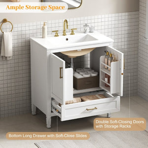 English Elm Video 30 Inch Fluted Bathroom Vanity with Ceramic Sink Soft Close Storage Gold Hardware White N759P437582K