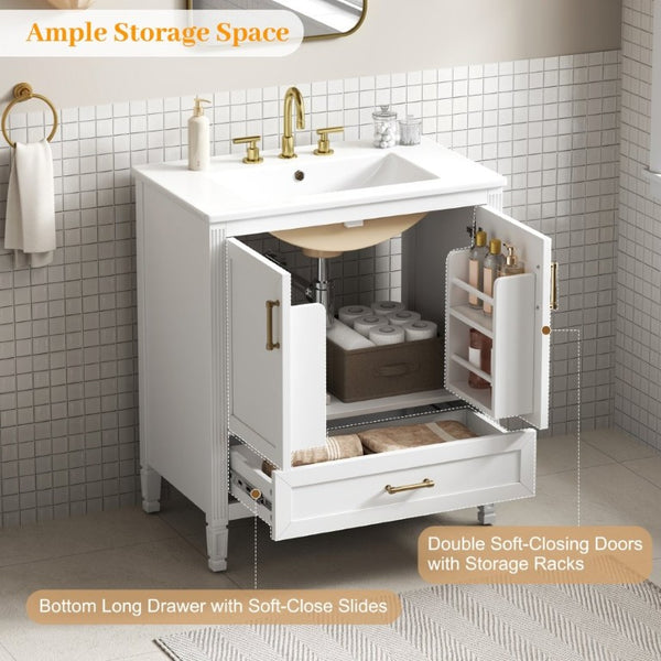 English Elm Video 30 Inch Fluted Bathroom Vanity with Ceramic Sink Soft Close Storage Gold Hardware White N759P437582K