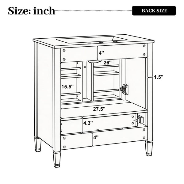 English Elm Video 30 Inch Fluted Bathroom Vanity with Ceramic Sink Soft Close Storage Gold Hardware White N759P437582K