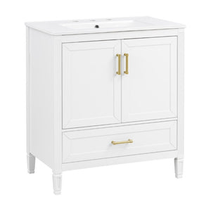 English Elm Video 30 Inch Fluted Bathroom Vanity with Ceramic Sink Soft Close Storage Gold Hardware White N759P437582K