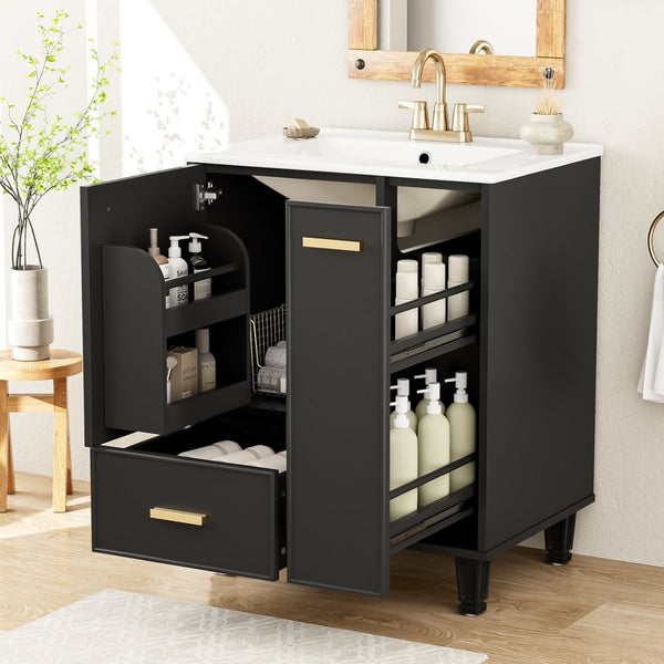 English Elm 24" Matte Black Bathroom Vanity Solid Wood Frame Ceramic Sink Pull-out Storage N759P440590B