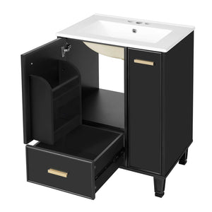 English Elm 24" Matte Black Bathroom Vanity Solid Wood Frame Ceramic Sink Pull-out Storage N759P440590B