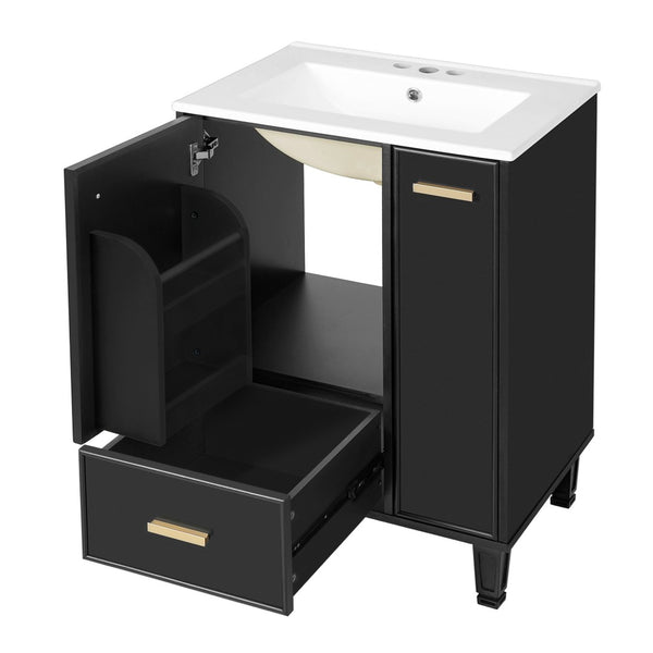 English Elm 24" Matte Black Bathroom Vanity Solid Wood Frame Ceramic Sink Pull-out Storage N759P440590B