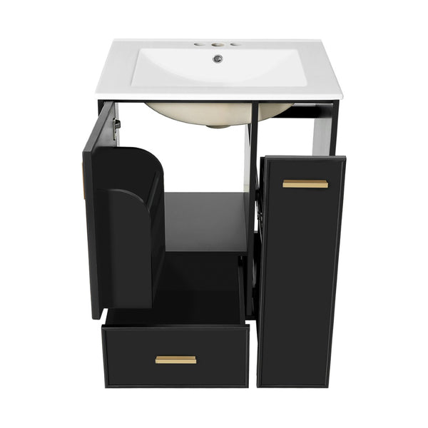 English Elm 24" Matte Black Bathroom Vanity Solid Wood Frame Ceramic Sink Pull-out Storage N759P440590B