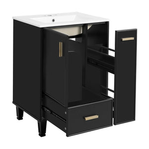 English Elm 24" Matte Black Bathroom Vanity Solid Wood Frame Ceramic Sink Pull-out Storage N759P440590B