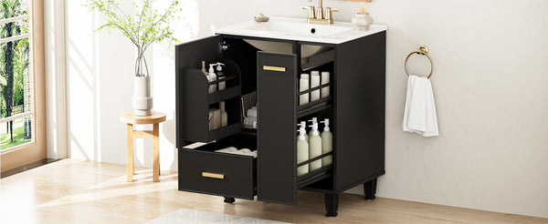English Elm 24" Matte Black Bathroom Vanity Solid Wood Frame Ceramic Sink Pull-out Storage N759P440590B