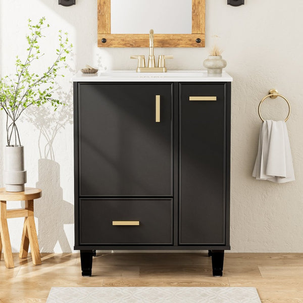 English Elm 24" Matte Black Bathroom Vanity Solid Wood Frame Ceramic Sink Pull-out Storage N759P440590B