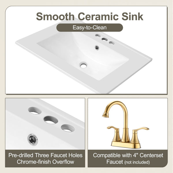 English Elm 24" Matte Black Bathroom Vanity Solid Wood Frame Ceramic Sink Pull-out Storage N759P440590B