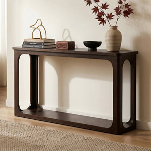 English Elm Video 55 Inch Espresso Console Table with Arch Apron Pine Legs and Bottom Shelf N759P447645T