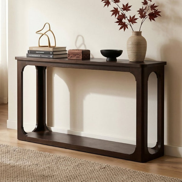 English Elm Video 55 Inch Espresso Console Table with Arch Apron Pine Legs and Bottom Shelf N759P447645T