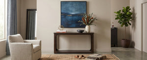 English Elm Video 55 Inch Espresso Console Table with Arch Apron Pine Legs and Bottom Shelf N759P447645T